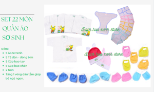 [TẶNG VÒNG DÂU TẰM] Combo 22 Món Quần Áo Tã Dán Nón Bao Tay Bao Chân Sơ Sinh Màu( 5 áo + 2 nón + 5 tã + 5 đôi bao tay + 5 đôi bao chân)