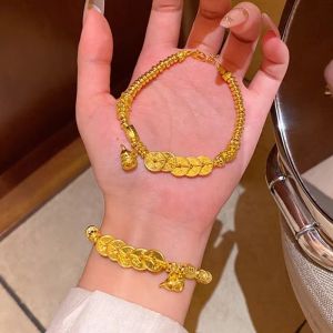 DISTILLATIONSTORE82RE9 Brushed Finish Coin Pendant Bracelet Gold Color Exquisite Chinese Style Bracelet Retro Jewelry Gift Bead Bracelet For Women