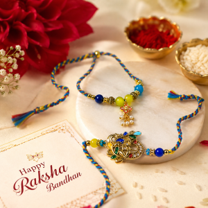 Handcrafted Peacock Rakhi Set with Beaded Lumba Rakhi Blue Green Thread Rakhi for Brother & Bhabhi Raksha Bandhan Gift Pair (Pack of 2 Pcs)