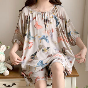 National Style Sleepwear for Women in Spring Summer Cotton Silk Solid Color Home Clothes That Can Be Worn Externally Loose Round Neck Middle Sleeve Pajamas Set