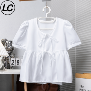 Áo babydoll cổ tròn thắt nơ Áo sơ mi nữ tay bồng thời trang Lucky Clothing 2901