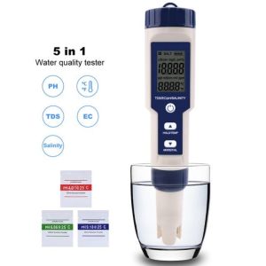 เครื่องทดสอบคุณภาพน้ำ 5-in-1 รุ่นใหม่ล่าสุด ตรวจสอบค่า PH ค่าการนำไฟฟ้า (EC) ของแข็งที่ละลายน้ำทั้งหมด (TDS ppm) ความเค็ม (ppt) และอุณหภูมิ เหมาะสำหรับการทำสวนและงานเกษตร กันน้ำได้ พร้อมหน้าจอแสดงผลมีไฟแบ็คไลท์ รุ่น EZ-9909A 【จัดส่งจากกรุงเทพฯ】