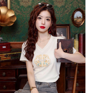 Ammin 2024 mùa hè mới Trung Quốc v-cổ thời trang định vị Khóa đĩa thêu hoa nguyên chất cotton áo thun nữ phong cách Trung Quốc ngắn tay thường ngày Áo Blouse thanh lịch