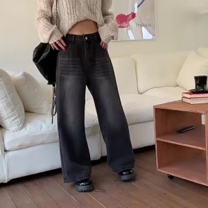 《1015》Retro American Wide Leg Denim Jeans High Waist Loose Floor-Length Black Grey Straight Leg Long Trousers for Women