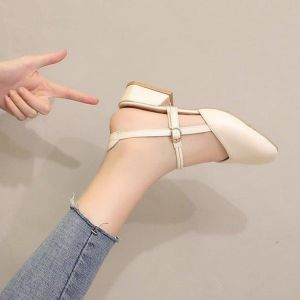 [Free Shipping] Womens high-heeled sandals with closed toe new summer style medium-heel chunky heel womens shoes square toe one-strap buckle womens sandals stylish and trendy