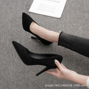 Free Shipping WomenS High Heels 2026 Spring/Autumn New Collection Black Stiletto Heel Pointed Toe Shallow Opening Suede Professional Shoes Plus Sizes Formal Shoes