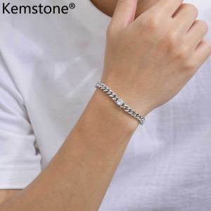 Kemstone Stainless Steel Cuban Chain Bracelet with White Zircon for Women Men Fashion Jewelry