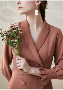 Đầm vest công sở có dây đai hồng ruốt tay dài đấp chéo