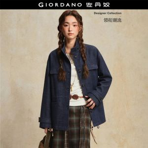 GIORDANO Women Jackets Denim-Like High Neck Jackets Button Closure Drawstring Waist Fashionable Casual Loose Jackets 18376309