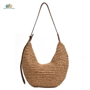 Women Straw Woven Half Moon Bag Fashion Woven Handbag Large Capacity Zipper Closure Adjustable Strap for Travel Shopping[Winnereco Lifestyle]