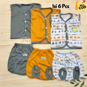 Paket 6Pcs Setelan Baju Bayi Baru Lahir Kutung dan Celana Pop Lucu Kekinian Motif Animal kombinasi Abu dan Mustard- Juragan lebak