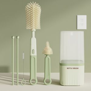 Baby Silicone Bottle Brush Portable Straight Handle Cleaning Tool Set 360° Rotating Drying Rack Combination Bottle Washing Brush2026