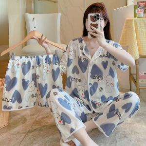 Womens Home Wear New Casual Pajamas Summer Cartoon Short-Sleeved Shorts Three-Piece Casual Cardigan Plus Size Home Wear Set