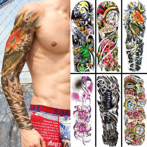 【17*48CM】【Lasts to 15 Days】Large Arm Sleeve Tattoo Waterproof Long Lasting Temporary Tattoo Sticker Lion Wild Wolf Tiger Men Full Skull Totem Magic Tattoo Fake Tattoo