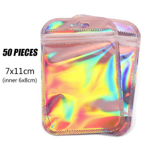 50Pcs OPP Ziplock Bags Rainbow Laser Resealable Packaging for Jewelry Cosmetic Samples & Crafts