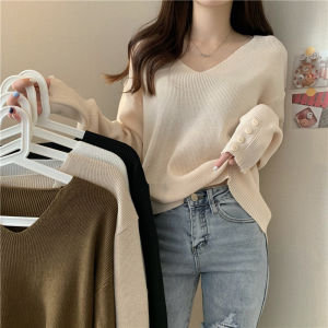 Sweaters Wanita Lengan Panjang Polos Tipis Atasan Bawahan V-Neck