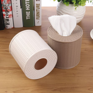 Round Rattan Tissue Box Toilet Paper Storage Tissue Box Napkin Holder Dustproof For Bathroom Kitchen Office Room