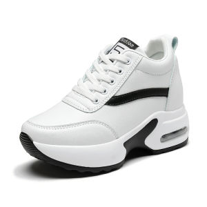Sneakers for Women Height Increasing 9cm Korean Style Leather Air Cushion Hidden Heel Casual Black White Platform Shoes