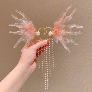 COMEMECO A Pair Phụ Kiện Tóc Hanfu Bông tai tua rua công chúa nàng tiên cá Phong Cách Cổ Đại Khuyên tai ngọc trai Kẹp tai hình bướm Thanh lịch Tinh tế Khuyên tai tiên nữ dành cho trẻ em dành cho Trang Phục Cosplay