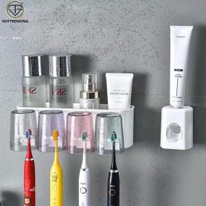 Bộ cốc kiêm giá để bàn chải dán tường kèm nhả kem tự động 4 cốc hàng loại 1 tặng kèm sticker