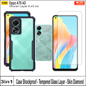 Casing Oppo A78 4G Paket 3in1 Hard Case Armor Shockproof Free Tempered Glass Dan Skin Carbon