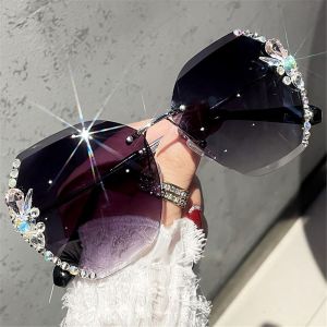 Retro UV400 Female Eyewear Rhinestone Sunglasses Rimless Sunglasses Women Sun Glasses Gradient