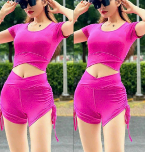 Bộ Đồ Tập Thể Thao Nữ Áo Rút Croptop Quần Đùi Rút Cao Cấp Tập Gym Yoga Aerobic