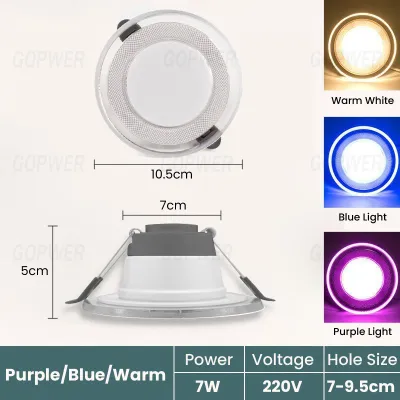 GPower 7W Tri color LED Pin light for Ceiling Downlight Ultra-Thin 3 Colors Purple/Blue/Warm 4 inches Panel Light for Living Room Bedroom Indoor Bar Restaurant Led Light