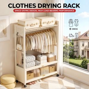 Heavy Duty Clothes Rack Rolling Lockable Wheels 4 Hooks & Top Shelf Modern Bedroom Closet Organizer