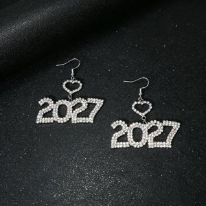 QKG24 Hollowed-out Fashion 2027 Digital Earrings Elegant Long Drop Number Stud Dangle Earrings Trendy Jewelry Heart-Shaped Happy New Year Earrings New Year Party Eve