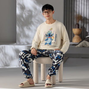 2Pcs Stitch Couple Pajamas New Round Neck Pure Cotton Cartoon Anime Fashion Loose Warm Mens Womens Casual Pajamas Loungewear