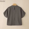 ZANZEA Korean Style Women Summer Solid Color Pleated High-Low Blouses Stand Collar Raglan Sleeve Tops #0929. 