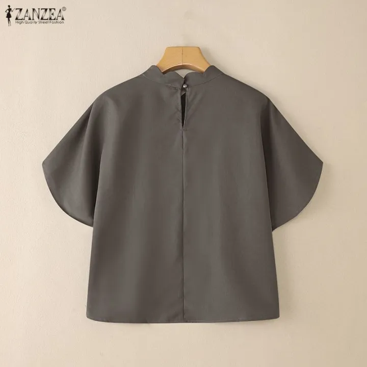 ZANZEA%20Korean%20Style%20Women%20Summer%20Solid%20Color%20Pleated%20High-Low%20Blouses%20Stand%20Collar%20Raglan%20Sleeve%20Tops%20#0929%20-%20Image%206