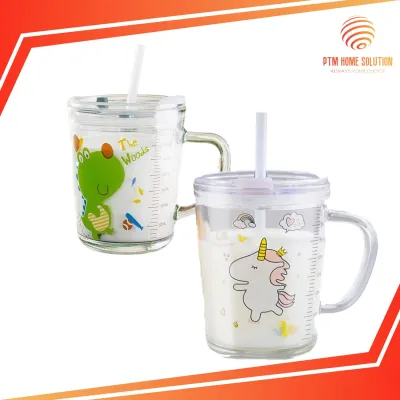 ⭐儿童带刻度牛奶吸管玻璃杯家用 早餐燕麦果汁杯400ml⭐Childrens Breakfast Glass Mug With Straw And Scale Cute Summer Glass Milk Cup 400ml⭐Cawan Kaca Sarapan Pagi Kanak-kanak 400ml