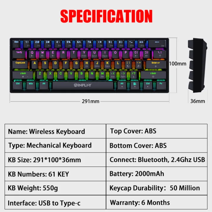 Sk960 Inplay Inplay SK610 Wireless Mechanical Keyboard Bluetooth Tri-Mode With Brown ...