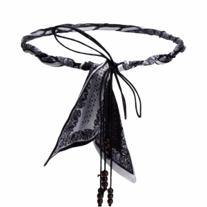 NOBLELUX Vintage Design Silk Scarf Woven Belt Bohemian Style Wood Bead Tassel Flower Waist Chain Fashionable Belt Braided Detail Decorative Waist Rope With Skirt