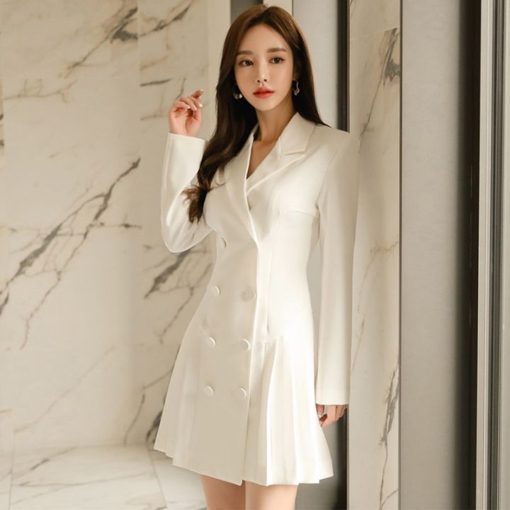 White checked long sales sleeve blazer dress