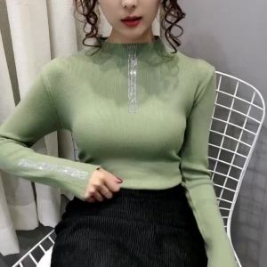 Asas Slim Fit Half High Collar Rhinestone Shirt for Women Long Sleeve Stylish Knitted Sweater Autumn Winter Korean Style