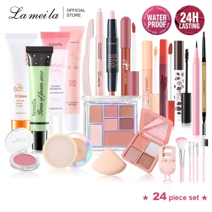 Lameila 24 Pcs Set Makeup Set Includes Protective cream+ BB Cream +Set up powder+ Eyeshadow + Eyebrow pencil + Eyeliner + Mascara + Pre makeup lotion + Matte lipstick + Isolation Primer Cream + Concealer + Blush + 8 Pcs Set Makeup Tools