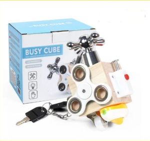 Kids Busy Cube Wooden Board Montessori Unlock Toys Essential Educational Sensory Board Toddlers