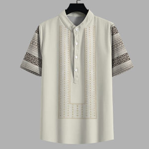 Bohemian Men Light Beige Barong Short Sleeve Shirt Sublimation Print Black White Geometric Sleeves Minimalist Embroidery Traditional Filipino Casual Daily Outfit