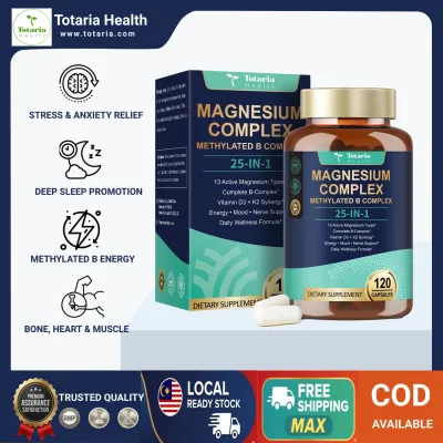 [READY STOCK] Totaria 25-in-1 Magnesium Complex with Methylated B Complex D3 & K2 - Full Spectrum Magnesium Glycinate & Malate Supplement for Energy Relaxation & Nerve Support - 120 Vegan Caps