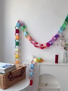 Sacesr Nordic Rainbow Paper Garland Chain Hanging Banner Colorful Bunting Streamer for Nursery Bedroom Party Wall Decoration J6H9P
