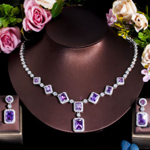 SEQUITO Fashion Brides Jewelry Set Paved Setting Princess Cut AAA Cubic Zirconia White Gold Plated Rectangle Pendant Necklace Earrings for Engagement Party SJ279