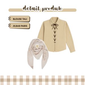 One Set 3in1 Wanita Korea Style Hijab Paris Jadul & Blouse Tali Pita Cream & Celana Kulot Ivory 15A