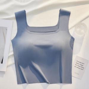 2in1 Square Collar Camisole Sleeveless Vest Top with Chest Pad Ice Silk Seamless Bra Tank for Women