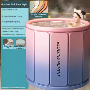 Pink and blue gradient portable bathtub with steam and flower petals. Relaxing moment.