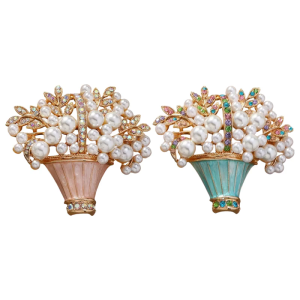 Blue Enamel Flower Basket Brooch With Secure Pin User Friendly Alloy Accessory For Dresses Hats Or Bags