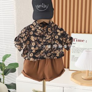 (Suit) Boys Summer Cotton Shirt Short Sleeve New Style Childrens Boys Korean Style Summer Shorts Two-piece Set