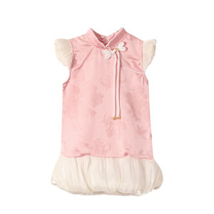 LOlanta Kids Toddler New Chinese Style Dress Girls Flutter Sleeve Mesh Splicing Buckle Dress Birthday Festival Casual Daily Wear 1-8 Years